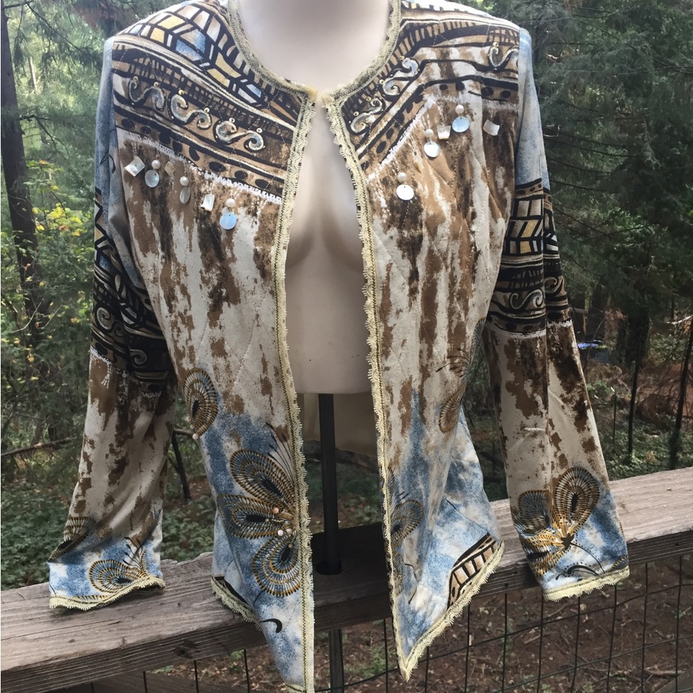 Morgan Cole gold/blue tie dye cream,embroidered collarless quilted jacket